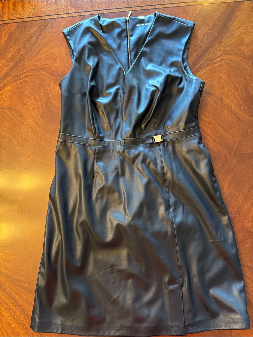 Calvin Klein Black Faux Leather Midi Sheath Dress